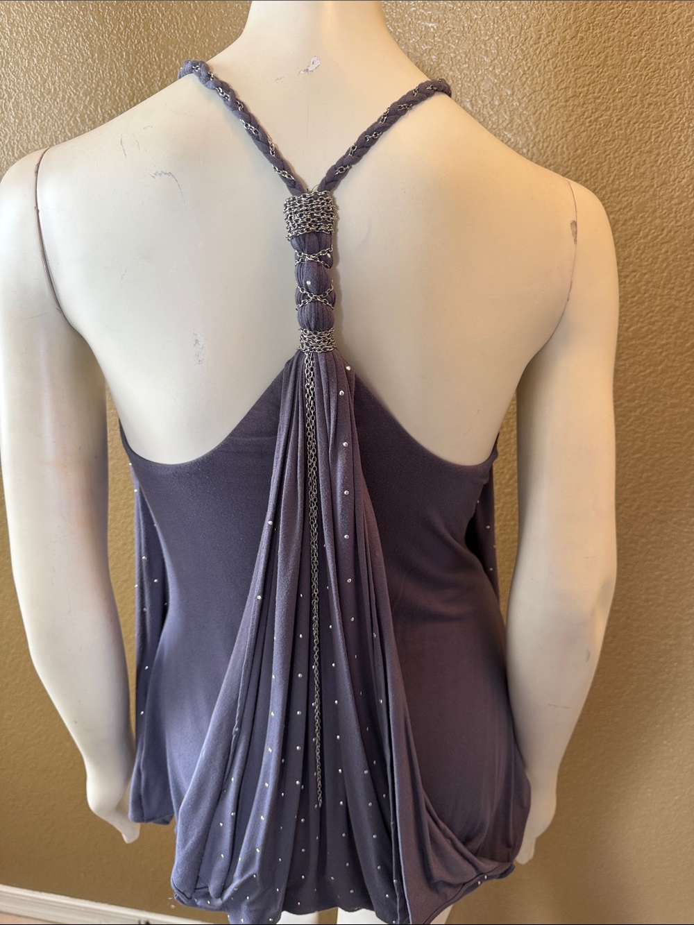 Y2K Vintage Sky Gray Polka Dot Top Draped Style - Picture 2 of 3